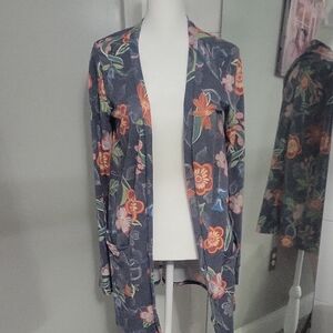 Agnes & Dora Floral Open-Front Cardigan - Blue with Orange & Green